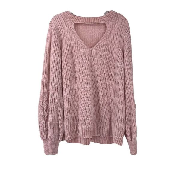 Keyhole Chenille Sweater Pink Juniors Size XXL Laced Lantern Sleeves Soft Knit - Picture 1 of 7